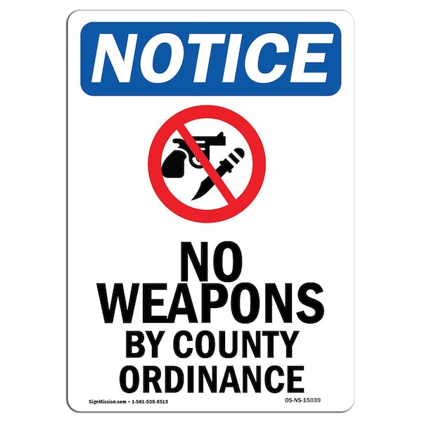Sign, 5" H, 3.5" W, No Weapons By County Sign, Portrait, NS-D-35-V-15039-10PK